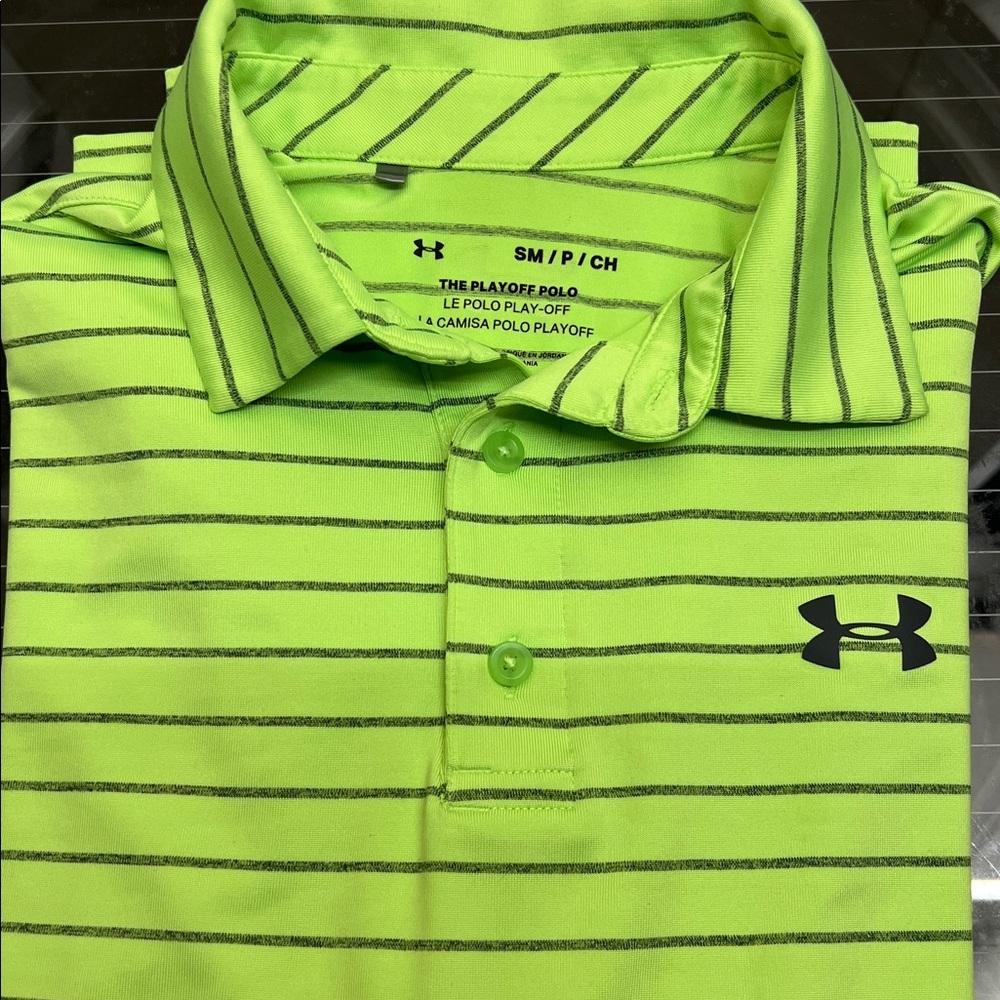 Under Armour Men's Lime Green Striped Playoff Polo Small Golf Athleisure Tennis - Picture 5 of 6